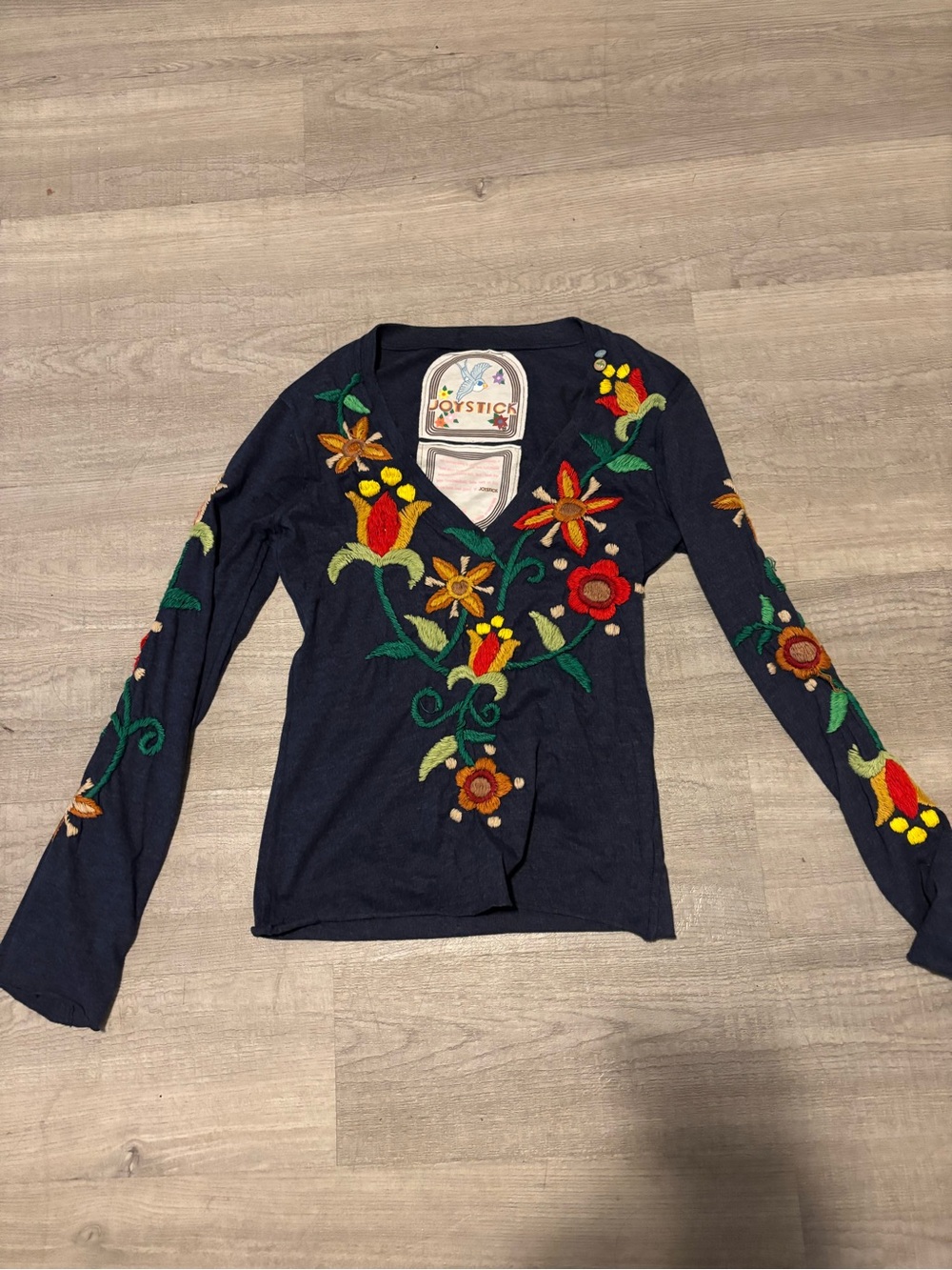 Johnny Was Joystick Sz M Navy Floral Flowers Embroidered V-Neck Bell Sleeve